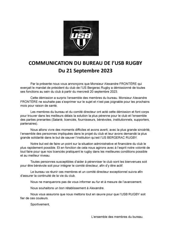 Fédérale 1 démission surprise du président, Bergerac inquiet pour son avenir