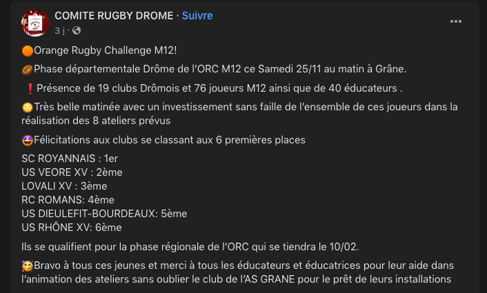 Orange Rugby Challenge les phases départementales ont rendu leurs verdicts