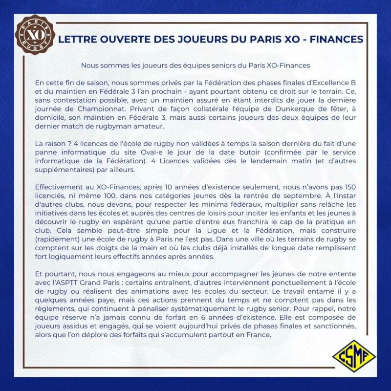 Ile de France un communiqué à XOeur ouvert du Paris XO Rugby
