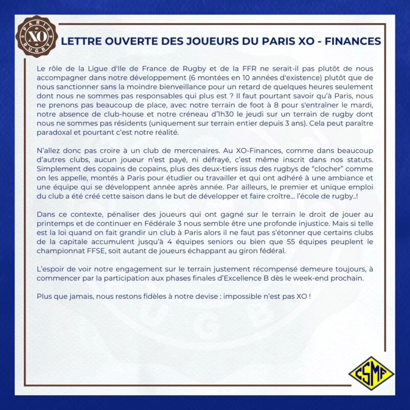 Ile de France un communiqué à XOeur ouvert du Paris XO Rugby