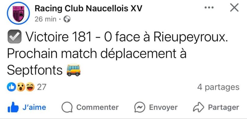 Régionale 3 : Naucelle-Rieupeyroux, 181 à 0, un record et un derby à "points nommés"