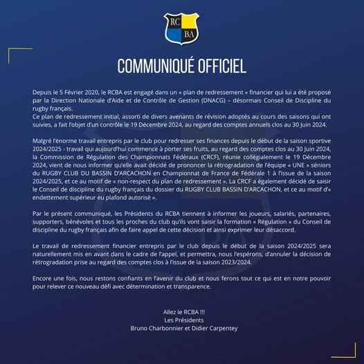 Nationale 2 : le Rugby Club Bassin d'Arcachon rétrogradé en Fédérale 1