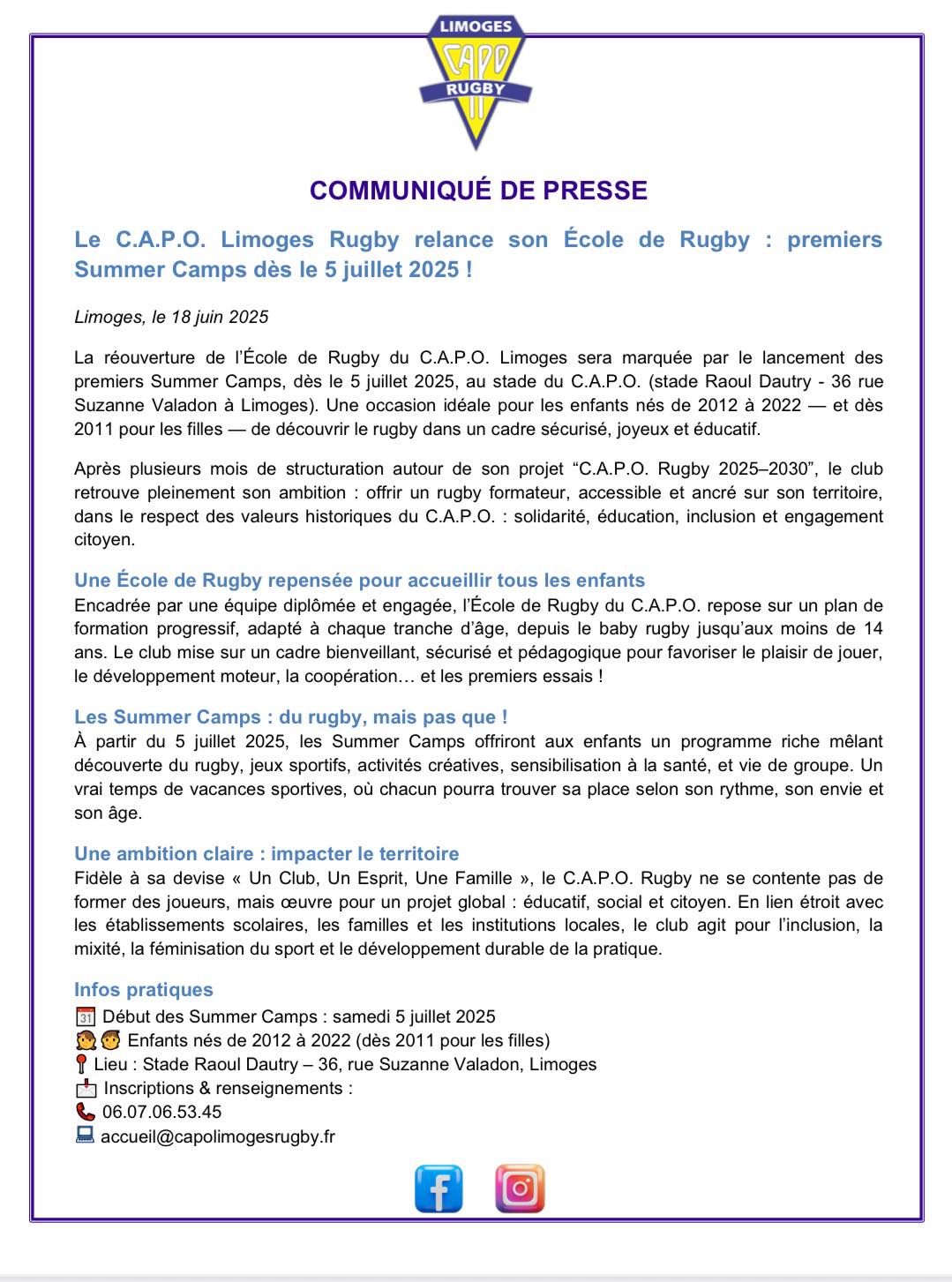 communique presse capo limoges ecole de rugby 2025 summer camp - capo limoges