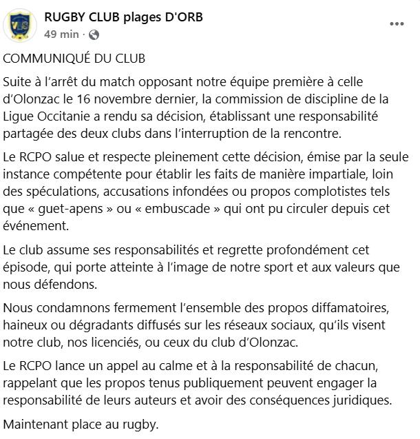 Régionale 1 : Plages d'Orb - Olonzac arrêté pour bagarre, la commission de discipline a rendu son verdict