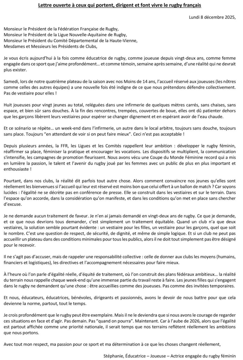 lettre ouverte Steph sur conditions u15 fem scaled - rugby féminin,Stéphanie Couderc,conditions
