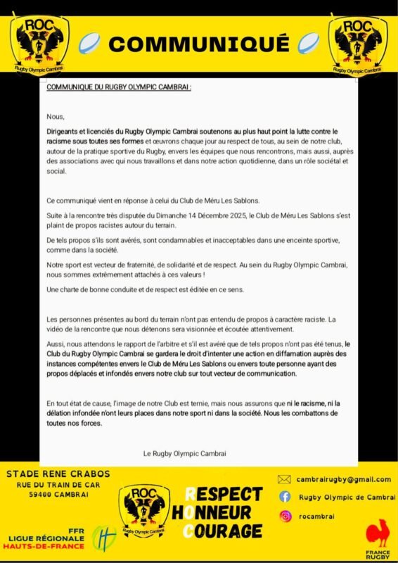 Rugby Olympic Cambrai (PR2) : accusé d'insultes racistes, le club nordiste innocenté par la commission de discipline