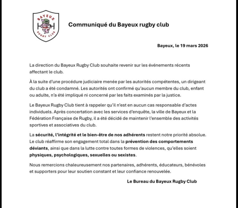 Bayeux (14) : le club se désolidarise de son président après sa condamnation pour pédopornographie