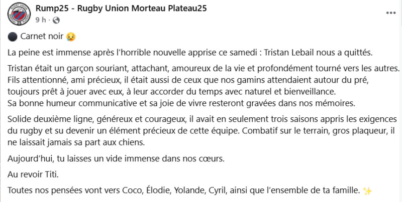 Carnet noir : le Rugby Union Morteau pleure Tristan Le Bail (25 ans), victime d'un accident de la route