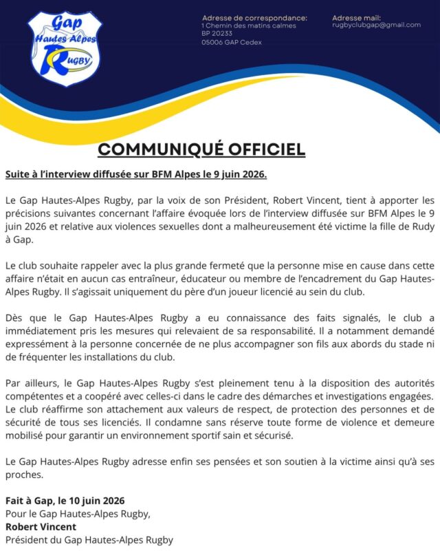 Affaire de viol sur mineure à Gap (05) : le club de rugby dément tout lien d'encadrement avec l'agresseur