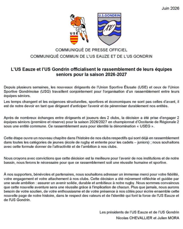 Régionale 2 : une fusion historique entre Eauze et Gondrin pour "pérenniser l'avenir du rugby local"
