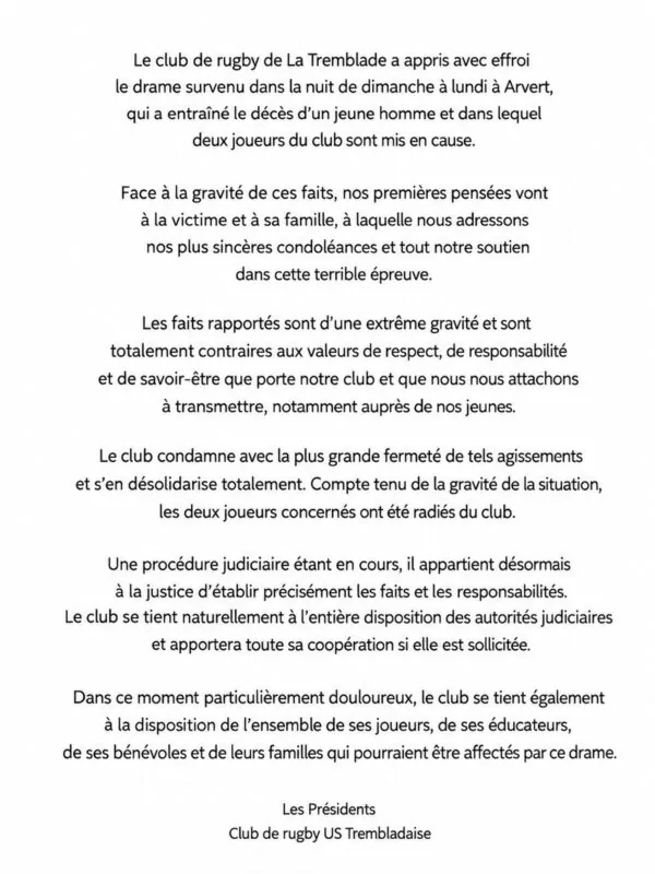 Meurtre à Arvert (17) : l'US Trembladaise sous le choc après la mise en cause de deux de ses joueurs