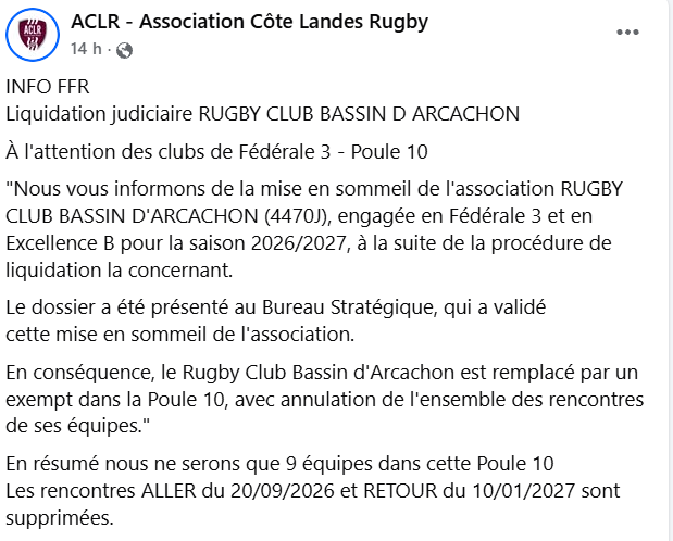 Fédérale 3 : le RC Bassin d'Arcachon mis en sommeil, la Poule 10 réduite à neuf équipes