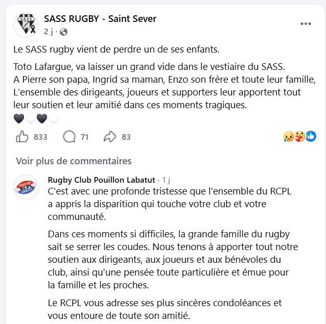 Carnet noir : le rugby landais pleure la disparition de Théo Lafargue (20 ans)