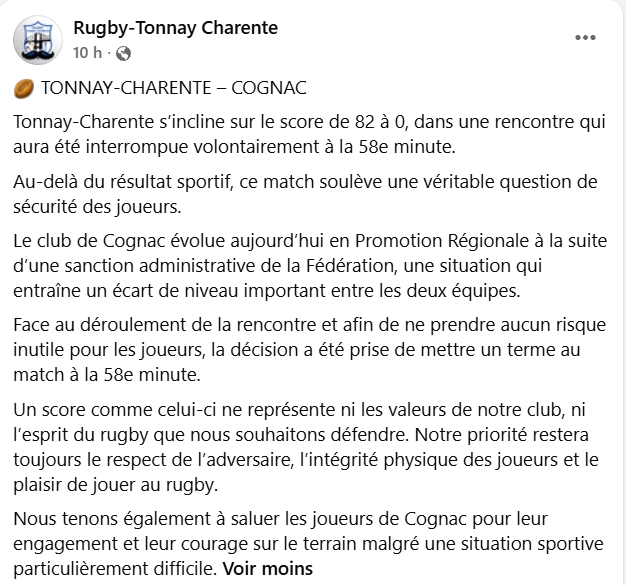 Tonnay-Charente - Cognac (PR3) : 82-0, match arrêté à la 58e, la sécurité des joueurs au cœur d'une polémique