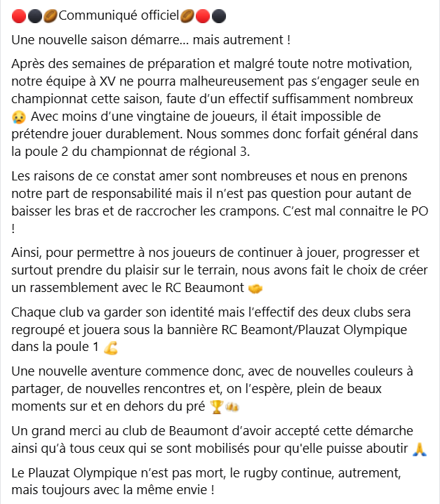 Régionale 3 : à Plauzat, après le forfait, la solution de l'entente avec Beaumont