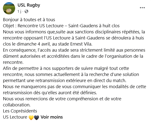 Régionale 1 Occitanie : l'US Lectouroise condamnée au huis clos face à Saint-Gaudens 