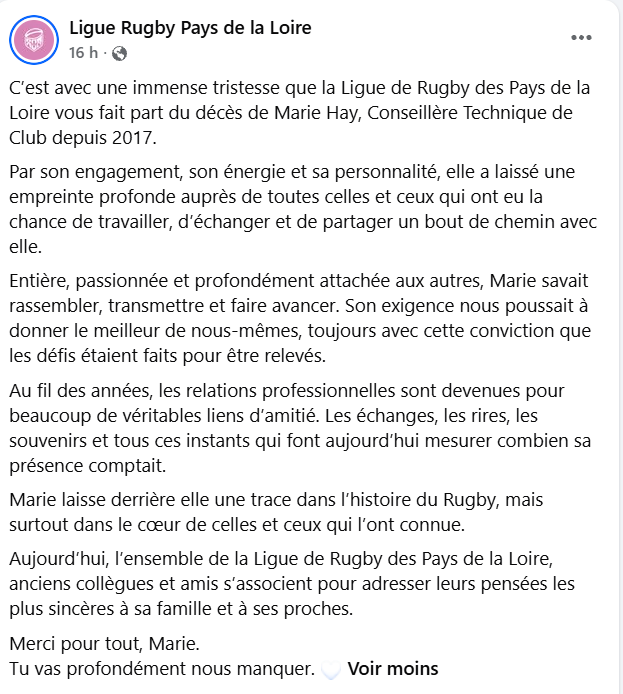 Carnet noir : Marie Hay, Conseillère Technique de Club en Pays de la Loire, nous a quittés à 42 ans