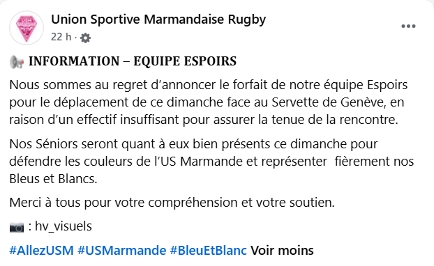 Nationale 2 : faute d'effectif, les Espoirs de Marmande déclarent forfait face au Servette Genève