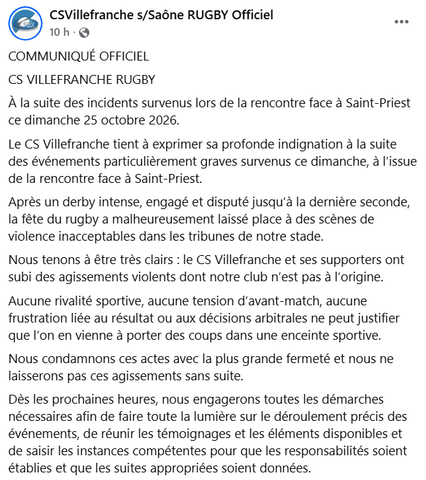 Villefranche - Saint-Priest (F2) : « Des scènes de violence inacceptables », le CSV réagit après des incidents en tribunes